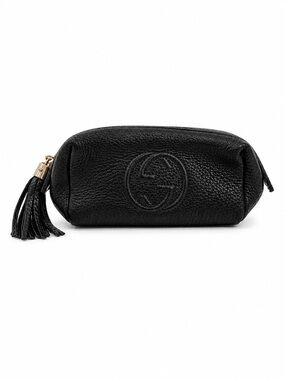 Gucci Soho Black Leather Mini Pouch Cosmetic Bag Tassel Logo Compact